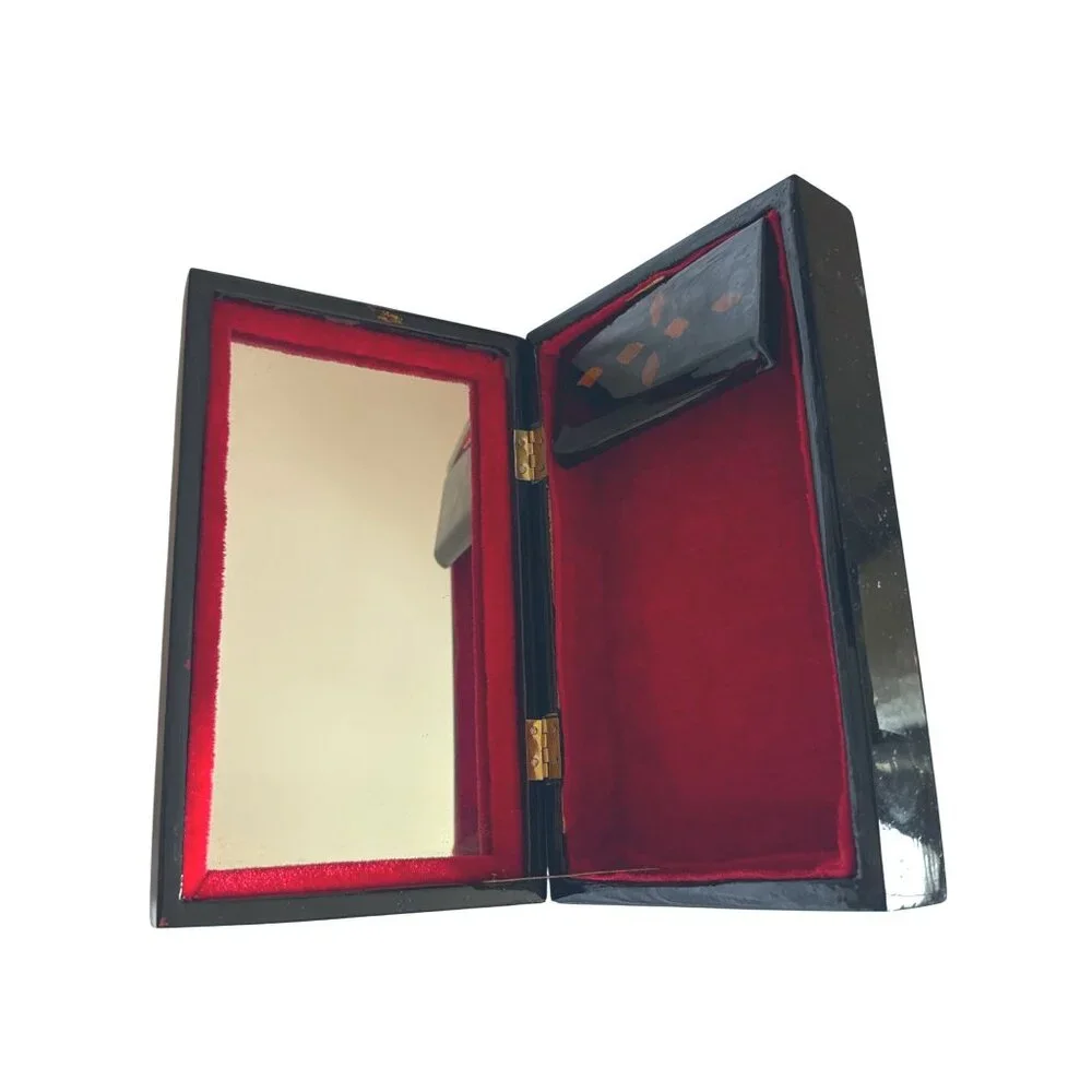 Japanese Black Lacquer Jewelry Box With Mother Of Pearl Inlay & Red Velvet Inter